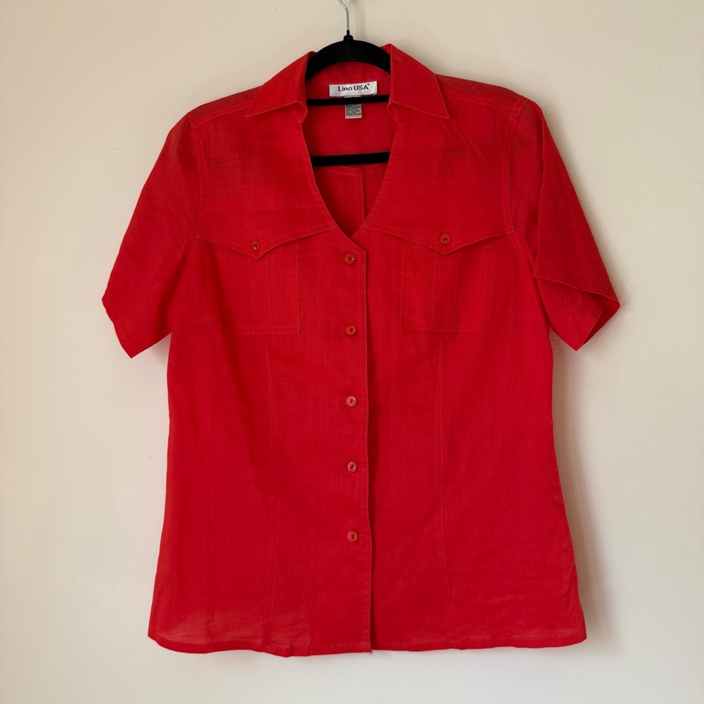Vintage Lino USA 100% Linen Bold 90s Red Short-sleeve Buttondown Shirt Blouse, S